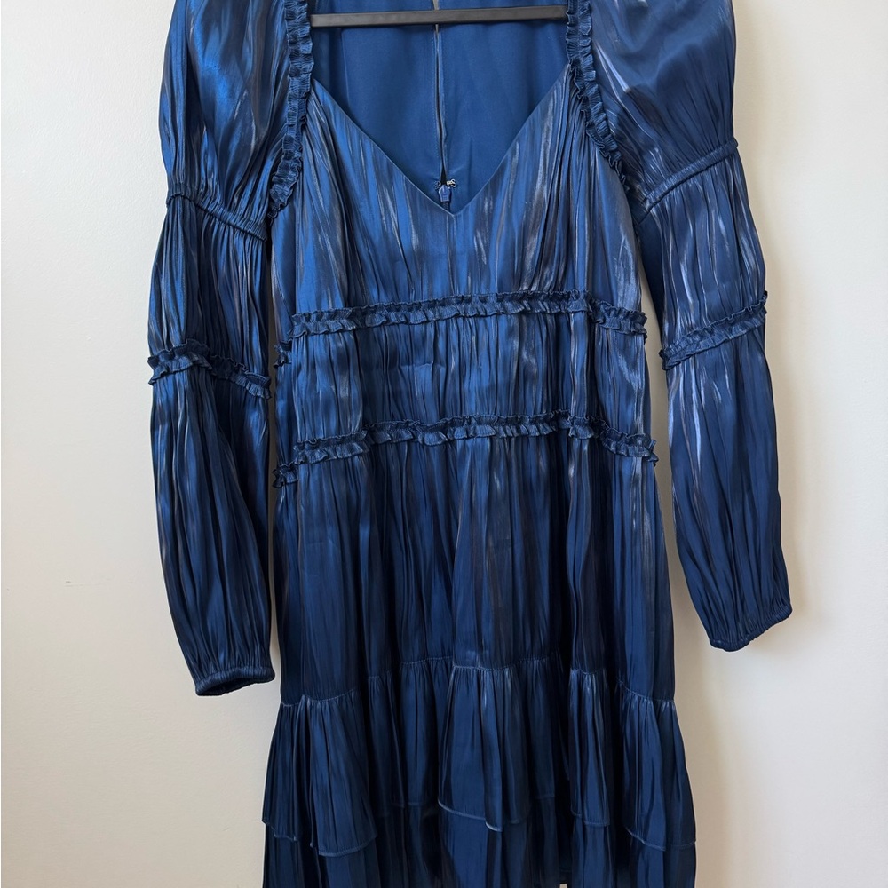 cinq a sept Blue Pleated Ruffle-Trim Dress